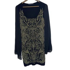 Symphony Plus Dress Women 2X Black Gold Beaded Sheer Flare Sleeves Dressy Gothic